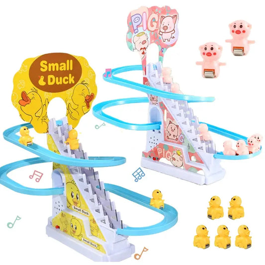 Kids Electric Small Duck Climbing Stairs Toy DIY Rail Racing Track Music Roller Coaster Duck Toy For Baby Kids Gift Pantefa