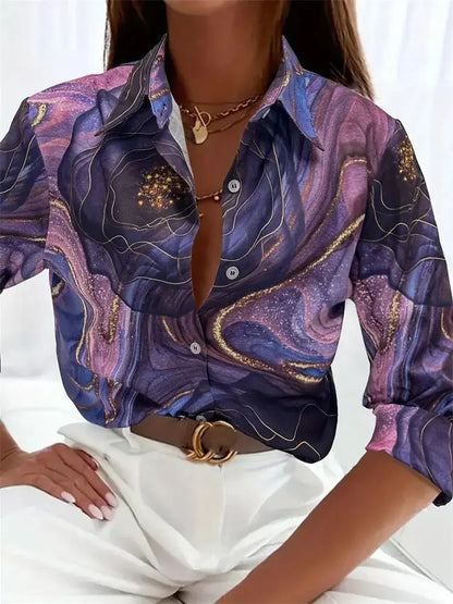 Elegance Print Textured Button-Up Blouse – 2024 Autumn Office Chic Pantefa
