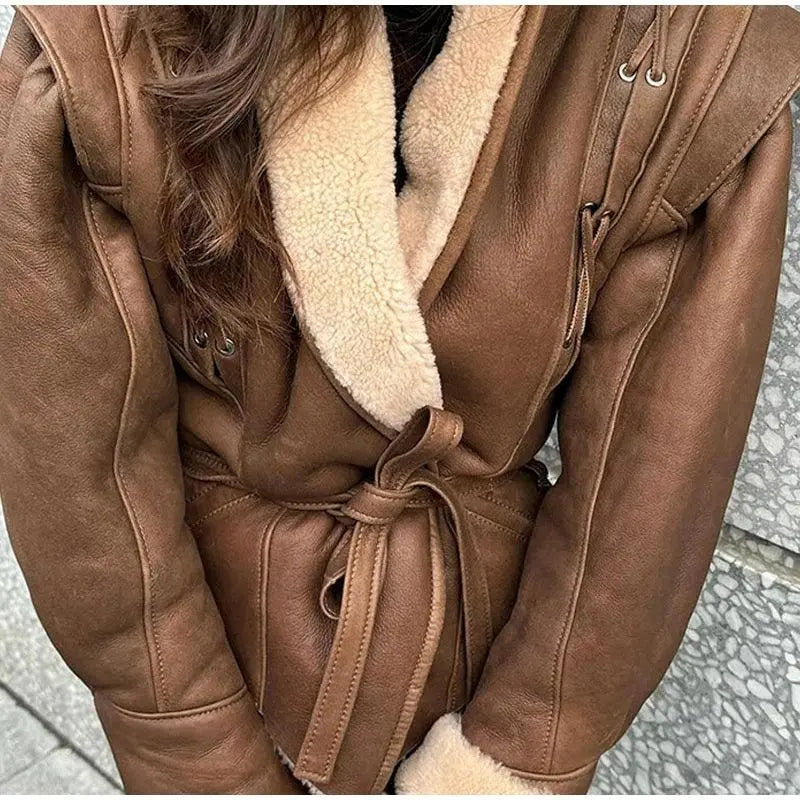 Fashion Warm Plush Leather Woman Jackets with Belt – Winter Motorcycle Coats Pantefa