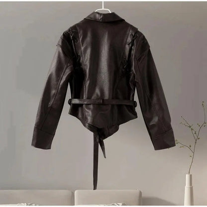 Fashion Warm Plush Leather Woman Jackets with Belt – Winter Motorcycle Coats Pantefa