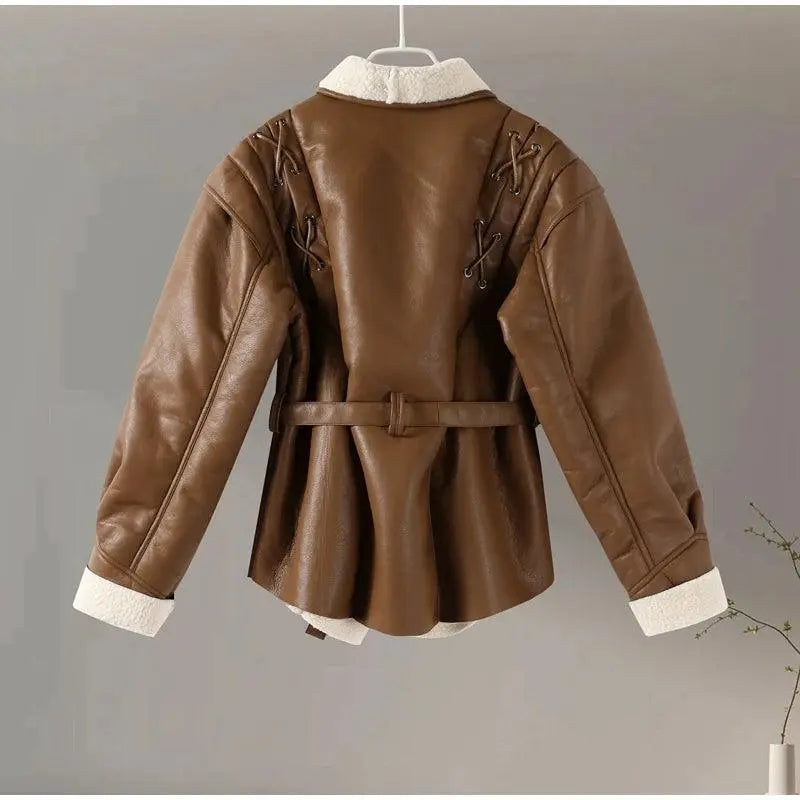 Fashion Warm Plush Leather Woman Jackets with Belt – Winter Motorcycle Coats Pantefa