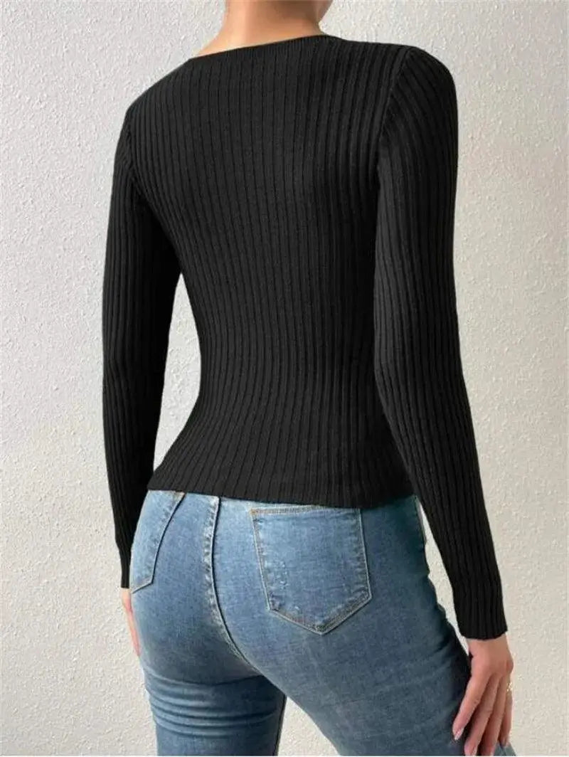 Elegant Hollow Out Knitted Pullover – Stylish Women’s V-Neck Bow Sweater for Autumn/Winter Pantefa